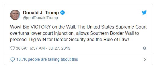 美国国会同意拨款修建边境墙，特朗普发推庆祝